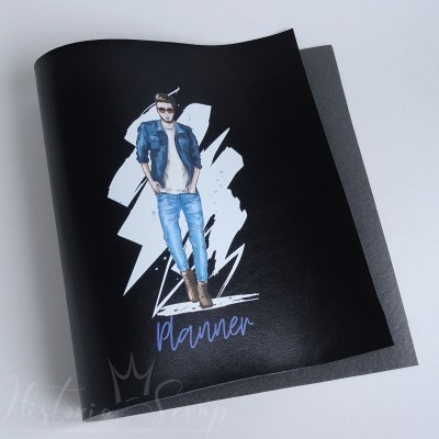 Переплетный кожзам "Небраска" с принтом "Men's planner", черный, 25 х 46,5 см
